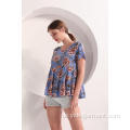 Damen Blue Flower Print Volant Ärmel Top